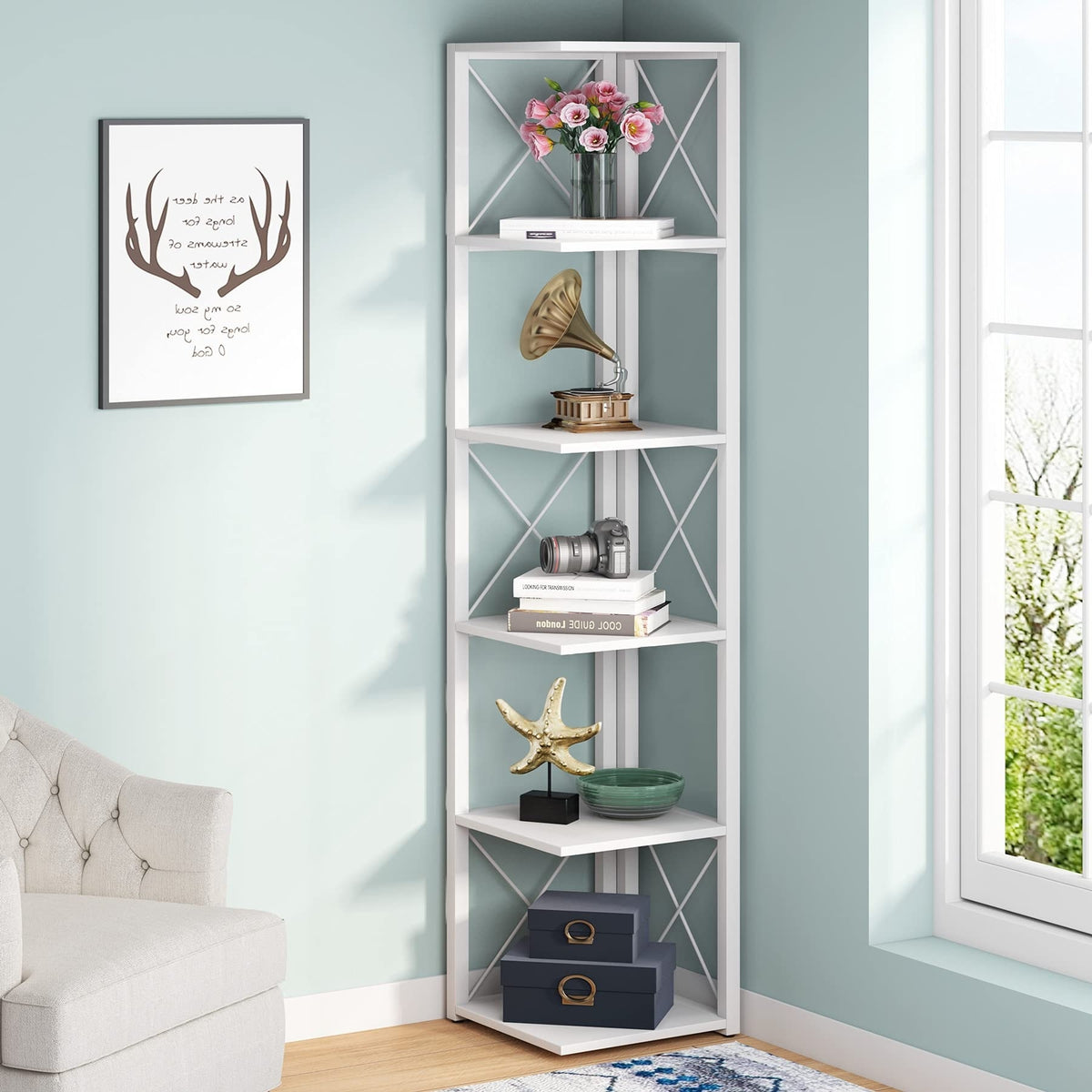 6-Tier Corner Shelf, 70.8 Inch Tall Corner Bookshelf Etagere Bookcase