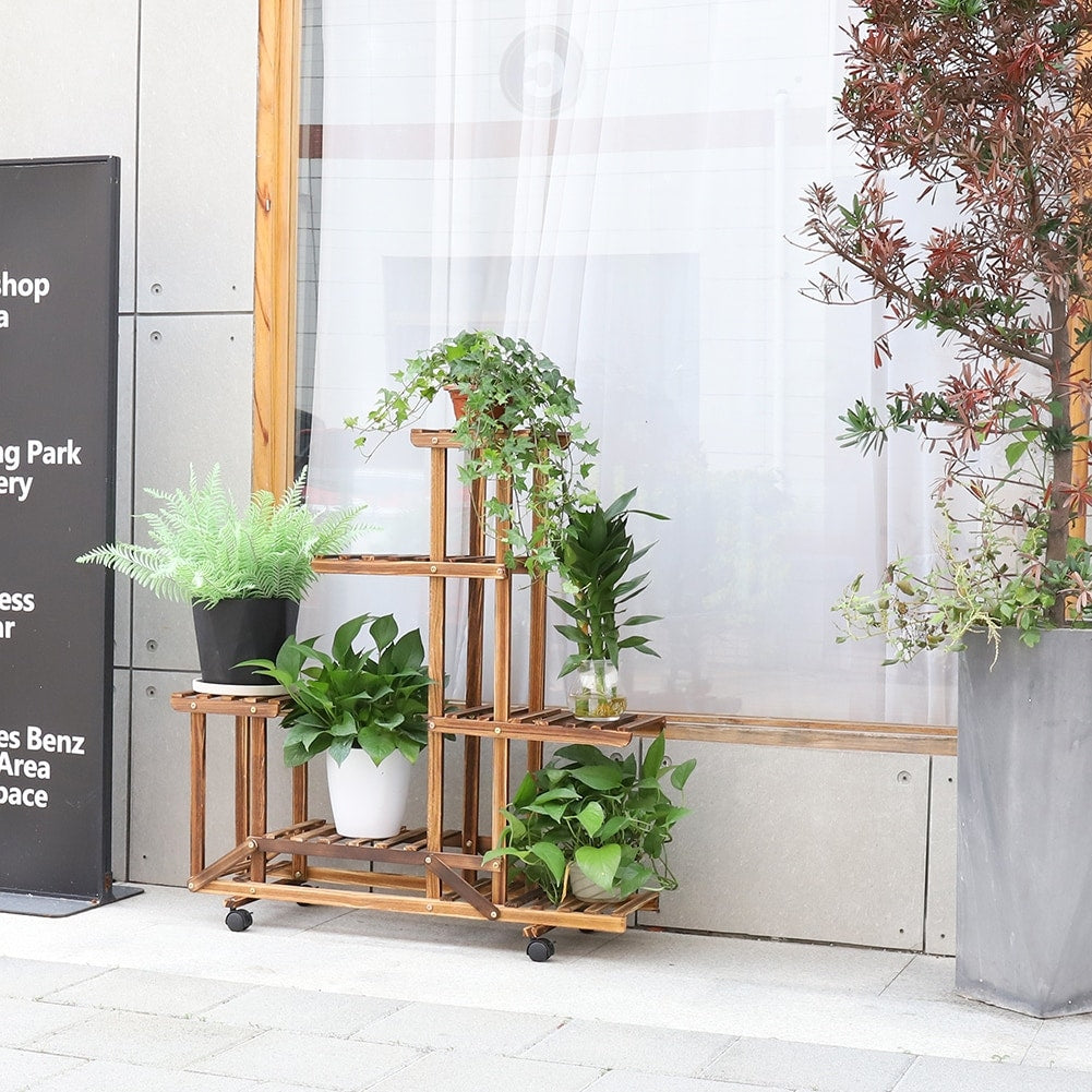 6 Tier Multi-Tiered Solid Wood Plant Stand with Wheels