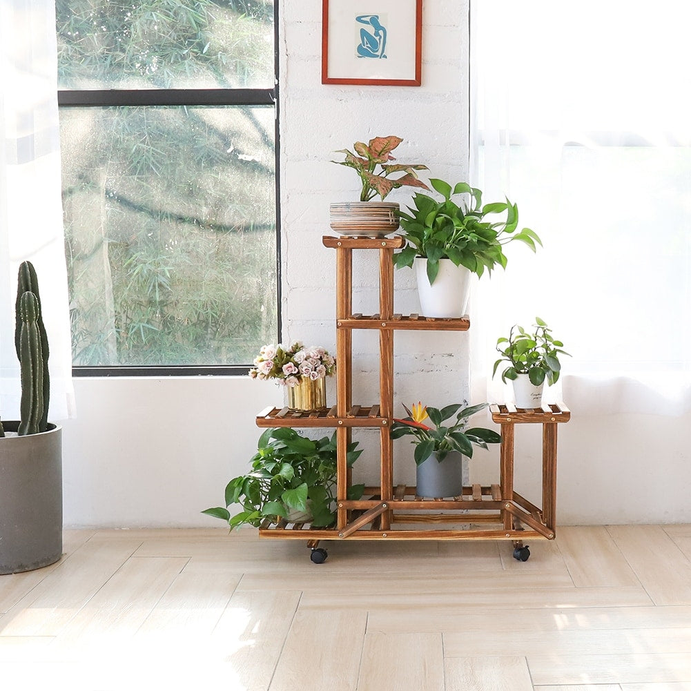 6 Tier Multi-Tiered Solid Wood Plant Stand with Wheels