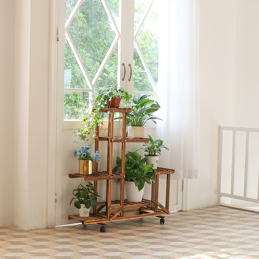 6 Tier Multi-Tiered Solid Wood Plant Stand with Wheels