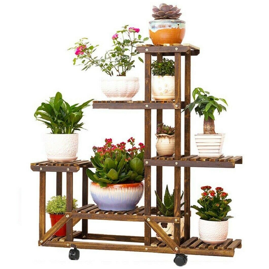 6 Tier Multi-Tiered Solid Wood Plant Stand with Wheels