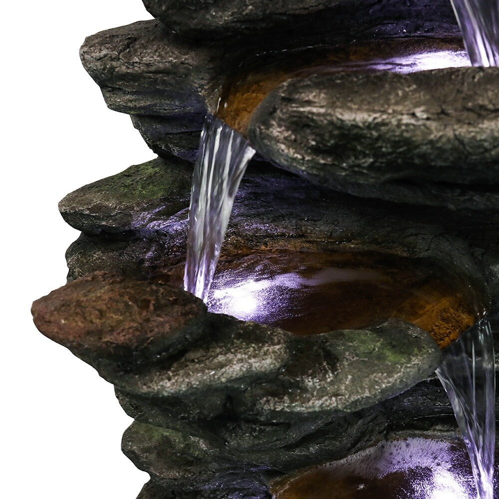 6-Tier Rock Water Fountain w/LED Lights - Outdoor Waterfall for Garden