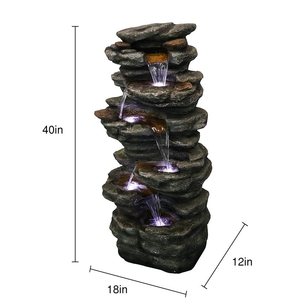 6-Tier Rock Water Fountain w/LED Lights - Outdoor Waterfall for Garden