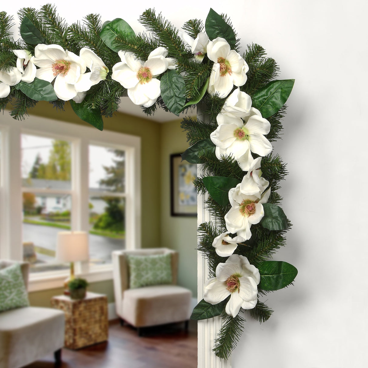 National Tree Company 6 ft. North Valley Spruce Magnolia Flower Garland - 6 ft
