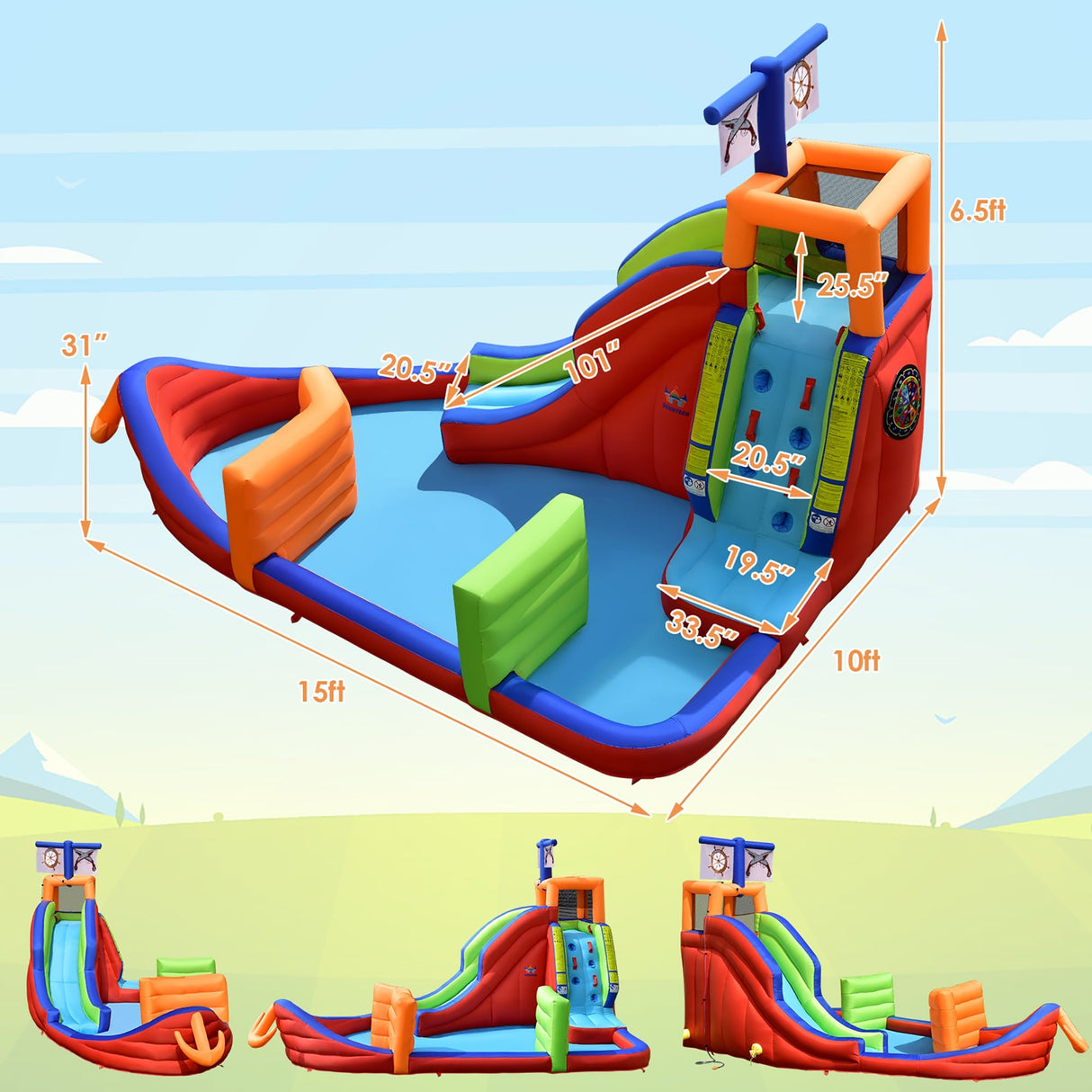 6-in-1 Pirate Ship Waterslide Kid Inflatable Castle w/735W Blower - 5ft x 1.7ft x 3.5ft (L x W x H)