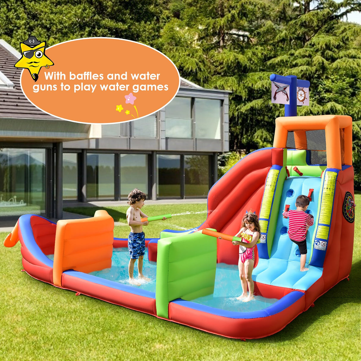 6-in-1 Pirate Ship Waterslide Kid Inflatable Castle w/735W Blower - 5ft x 1.7ft x 3.5ft (L x W x H)