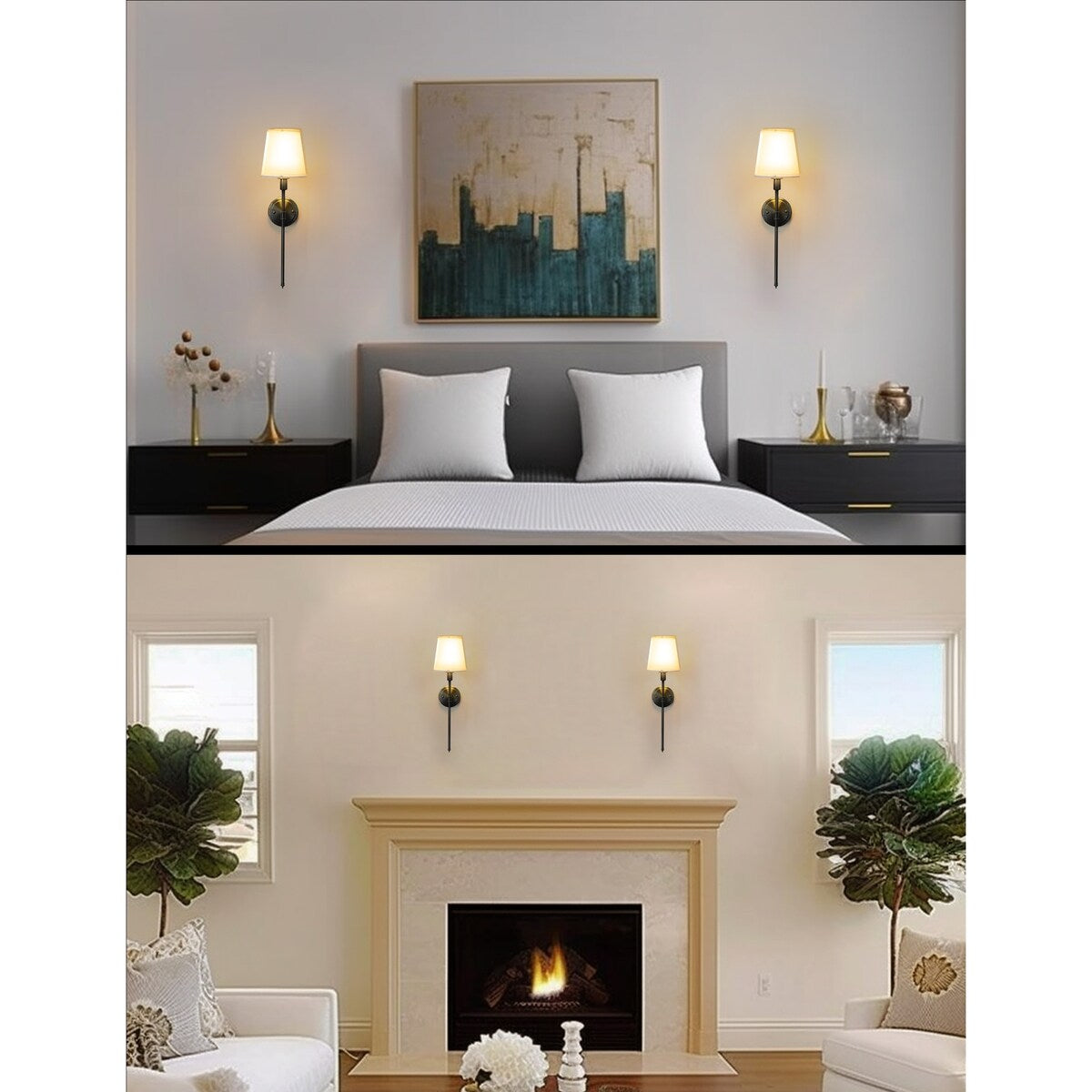 6.3 in. 1-Light Black Industrial Wall Sconce with White Fabric Shade for Bedroom Bathroom(2 Pack) - 23.6 in.