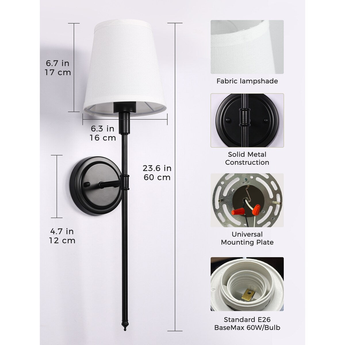 6.3 in. 1-Light Black Industrial Wall Sconce with White Fabric Shade for Bedroom Bathroom(2 Pack) - 23.6 in.