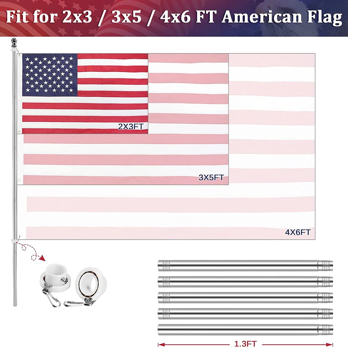 USA American Flag Embroidered Star Stripe With Handheld Aluminum Flagpole