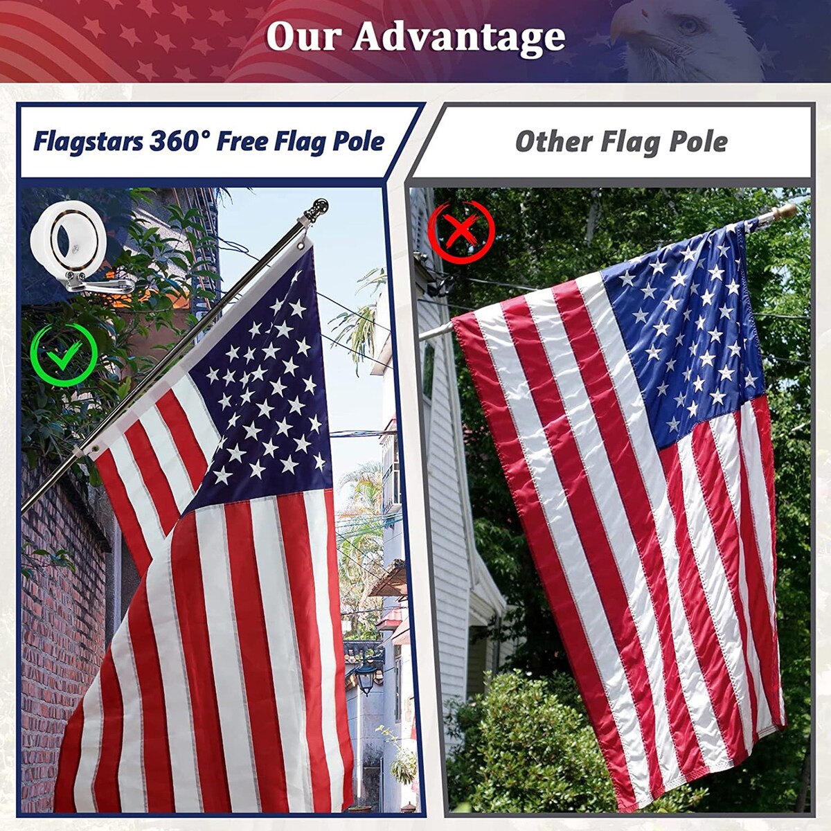 USA American Flag Embroidered Star Stripe With Handheld Aluminum Flagpole