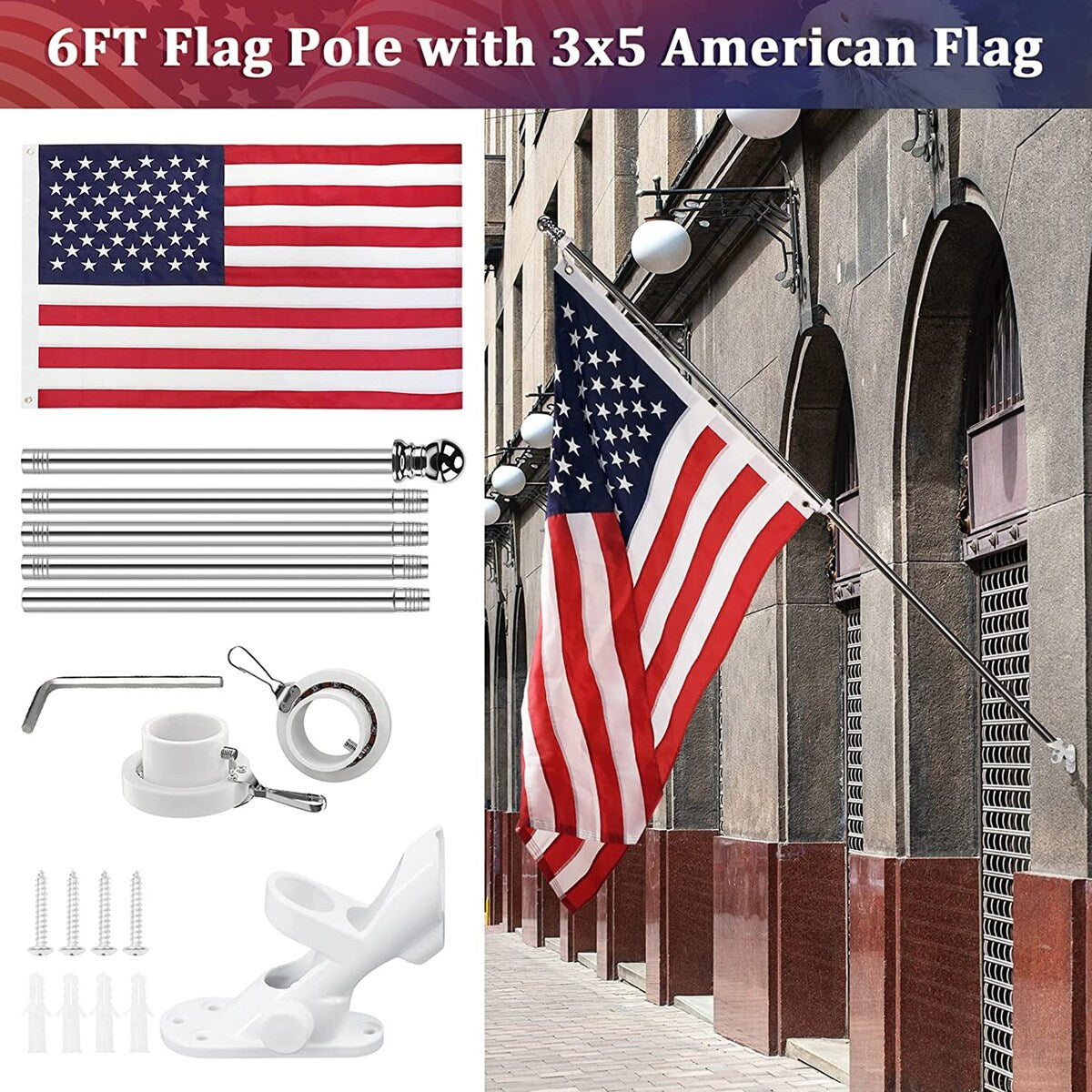 USA American Flag Embroidered Star Stripe With Handheld Aluminum Flagpole
