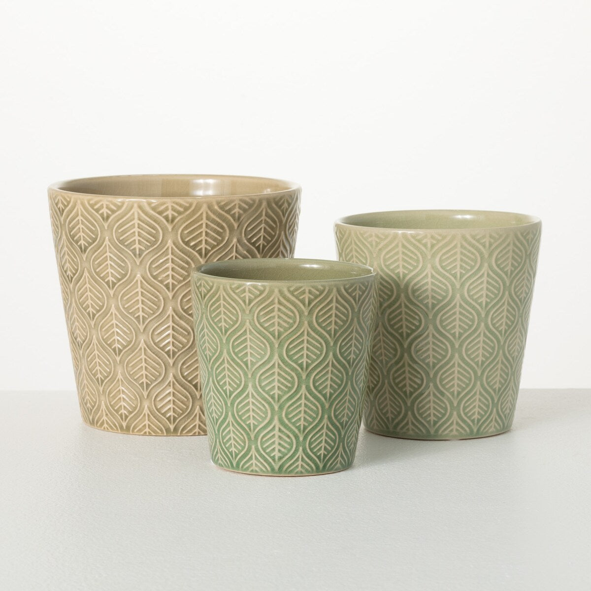 6.5"H Sullivans Muted Jade Textured Planters Set of 3, Gray