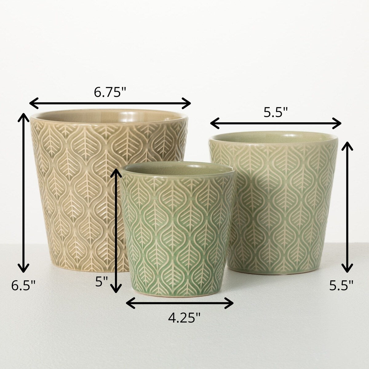 6.5"H Sullivans Muted Jade Textured Planters Set of 3, Gray