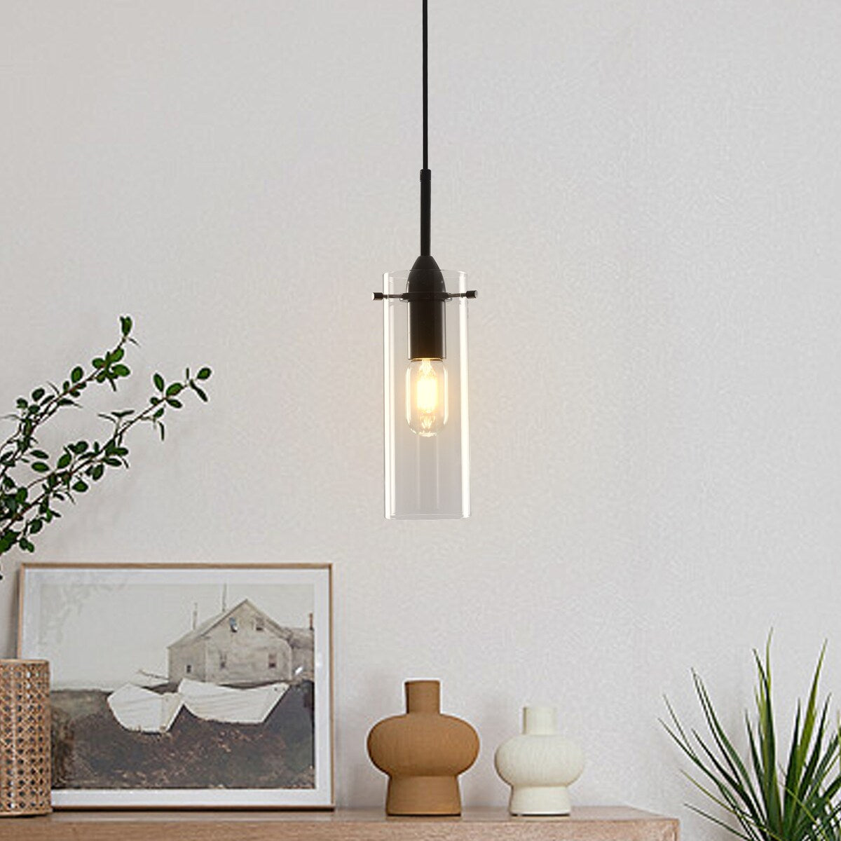 1-light Glass Pendant Light with Adjustable Cord, Semi Flush Mount Chandelier for Dining Room Living Room Bedroom