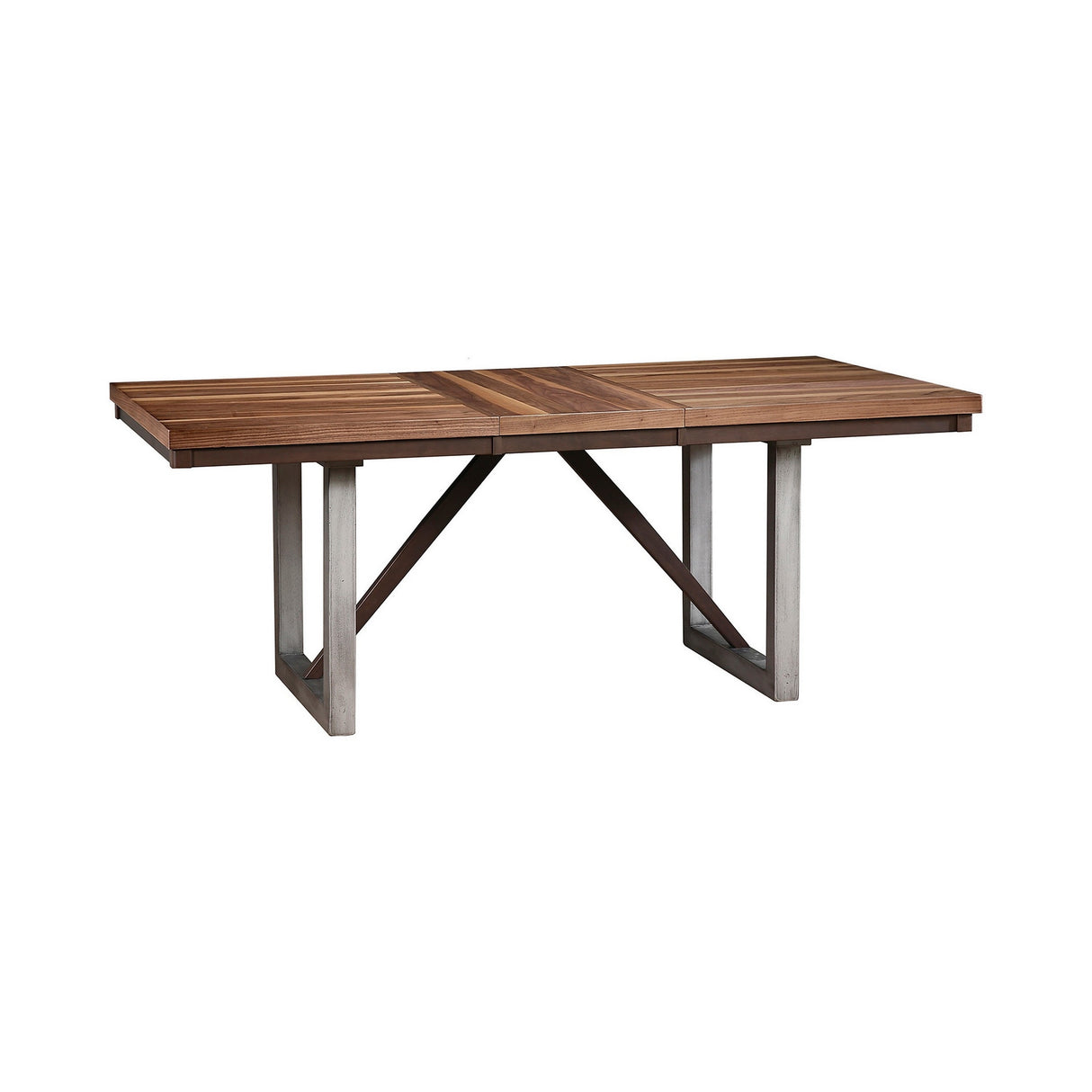 60-77 Inch Extendable Dining Table, Natural Brown Wood, Smooth Gray Metal