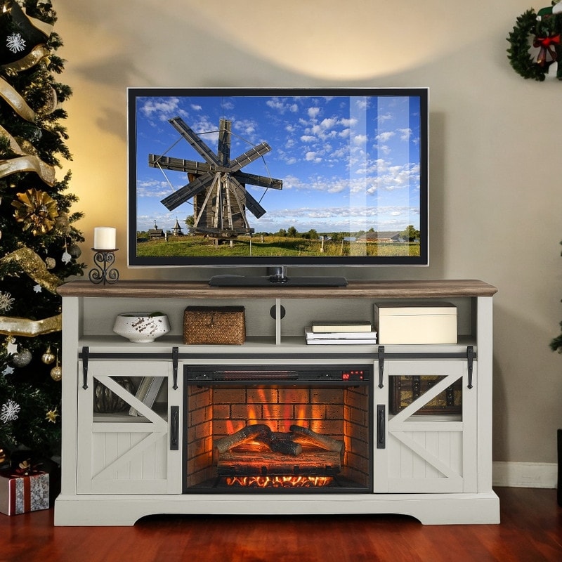 60 Inch Modern Fireplace TV stand With Storage Spaces and Double Safety Protection Device