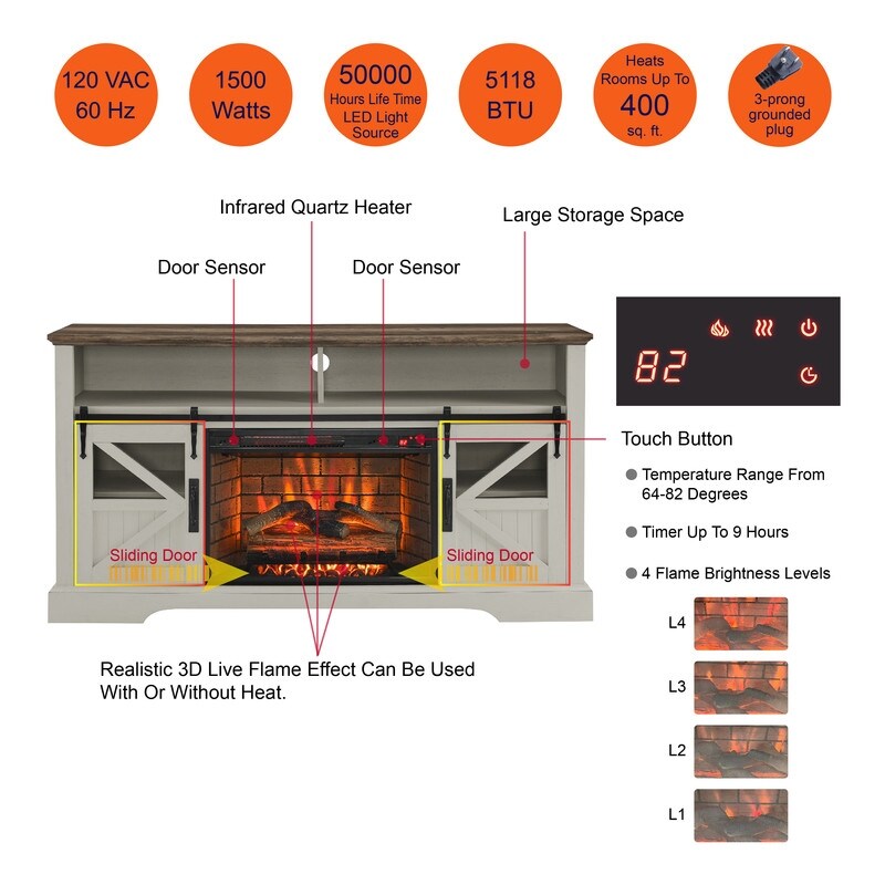 60 Inch Modern Fireplace TV stand With Storage Spaces and Double Safety Protection Device