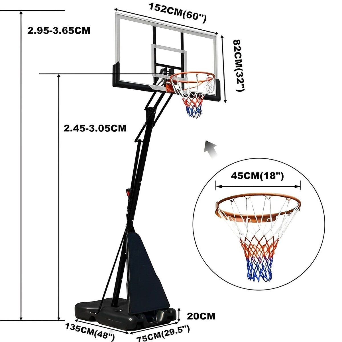 60-Inch Portable Basketball Hoop System with 8-10 ft. Height Adjustable