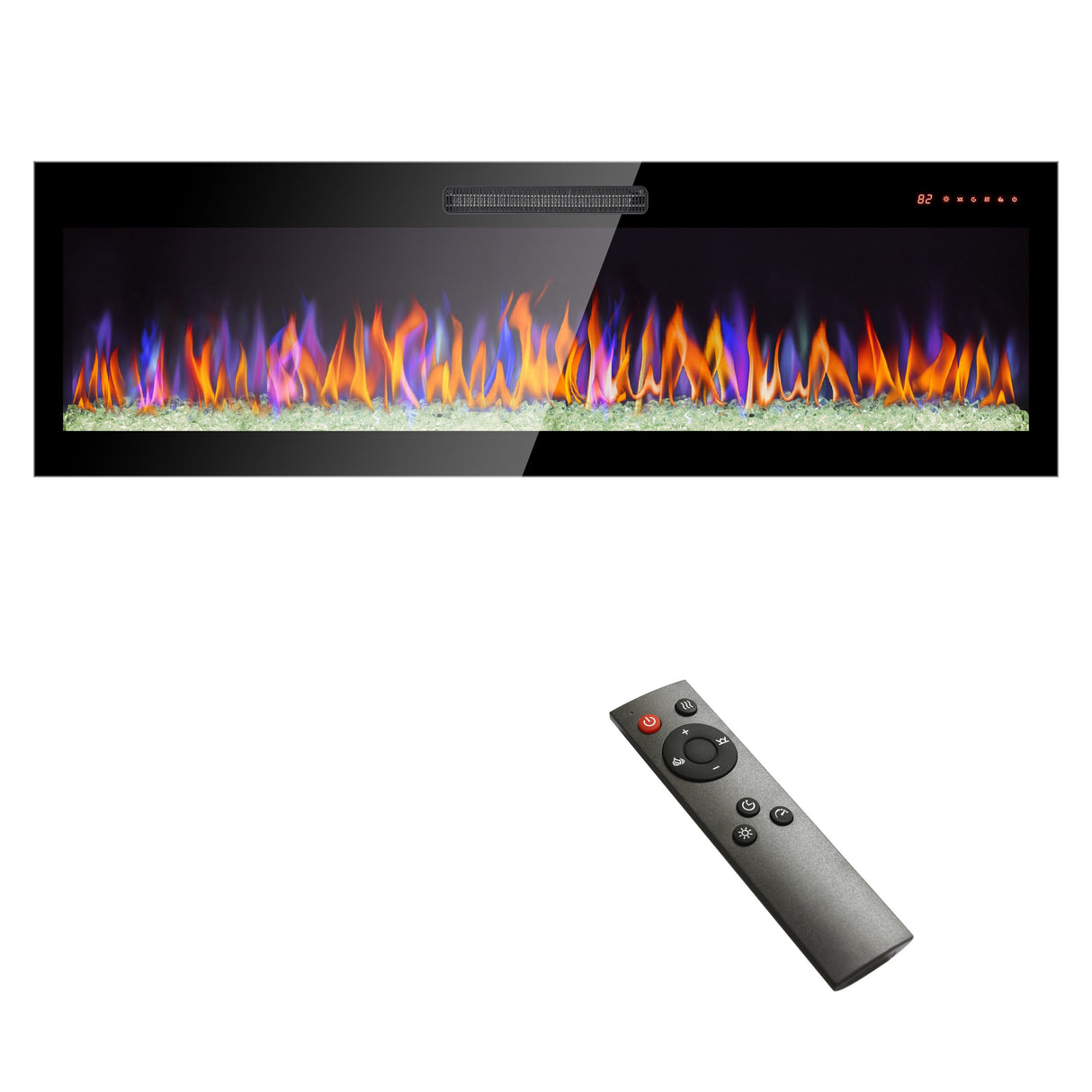 60 Inch Recessed Ultra Thin Tempered Glass Front Wall Mounted Electric Fireplace With Remote And Multi Color Flame & Emberbed