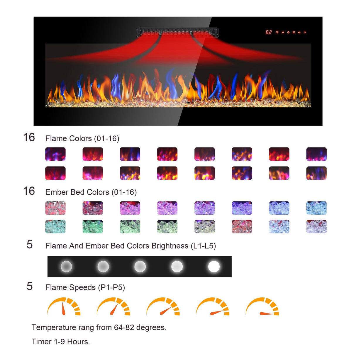 60 Inch Recessed Ultra Thin Tempered Glass Front Wall Mounted Electric Fireplace With Remote And Multi Color Flame & Emberbed