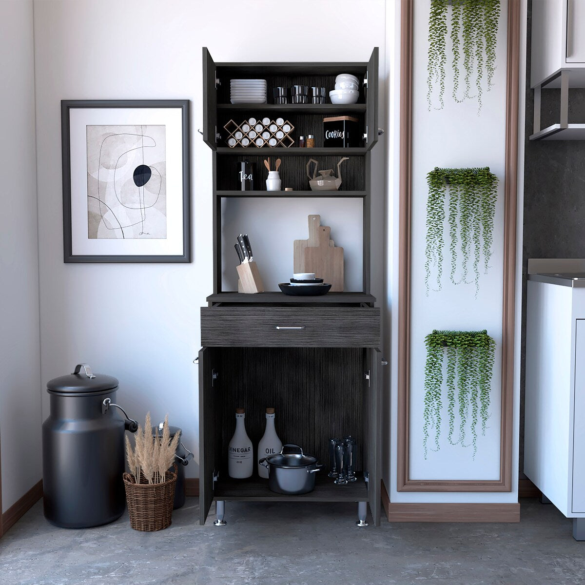 60 Kitchen Pantry with Countertop, Closed & Open Storage -Light Oak