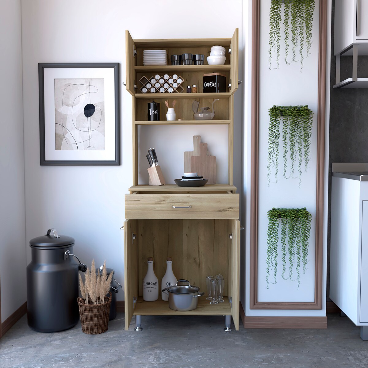 60 Kitchen Pantry with Countertop, Closed & Open Storage -Light Oak