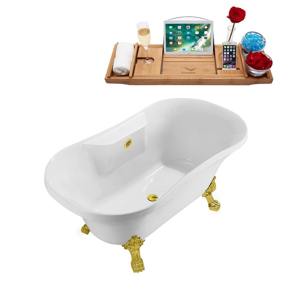 60" Streamline N100GLD-GLD Soaking Clawfoot Tub and Tray With External Drain
