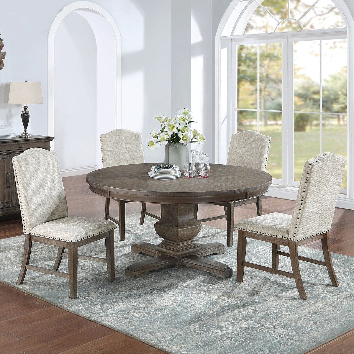 60-inch Round Wooden Dining Table with Pedestal Base in Oak