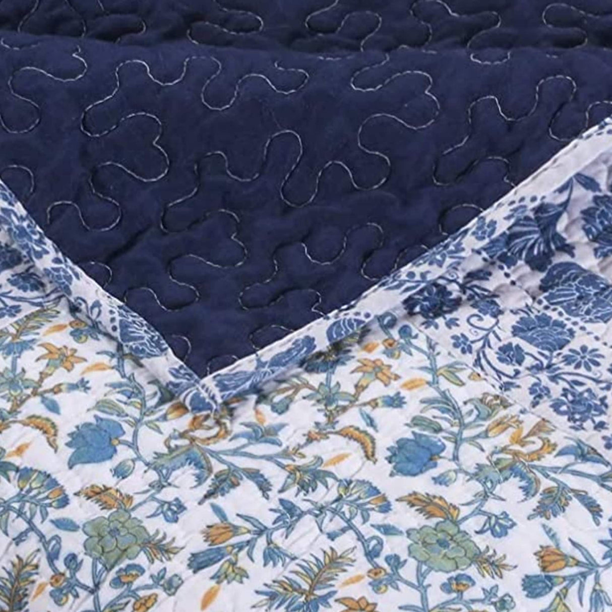 60 x 50 Inches Cotton Throw Blanket with Leaf Print, Blue and White