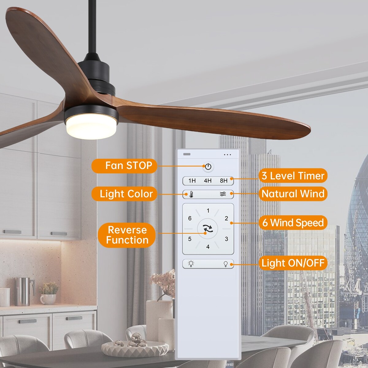 60" 3-Blade Walnut Wood Ceiling Fan with Light Remote Control