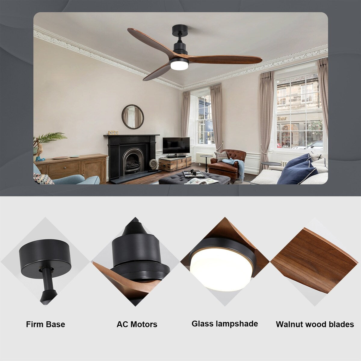 60" 3-Blade Walnut Wood Ceiling Fan with Light Remote Control