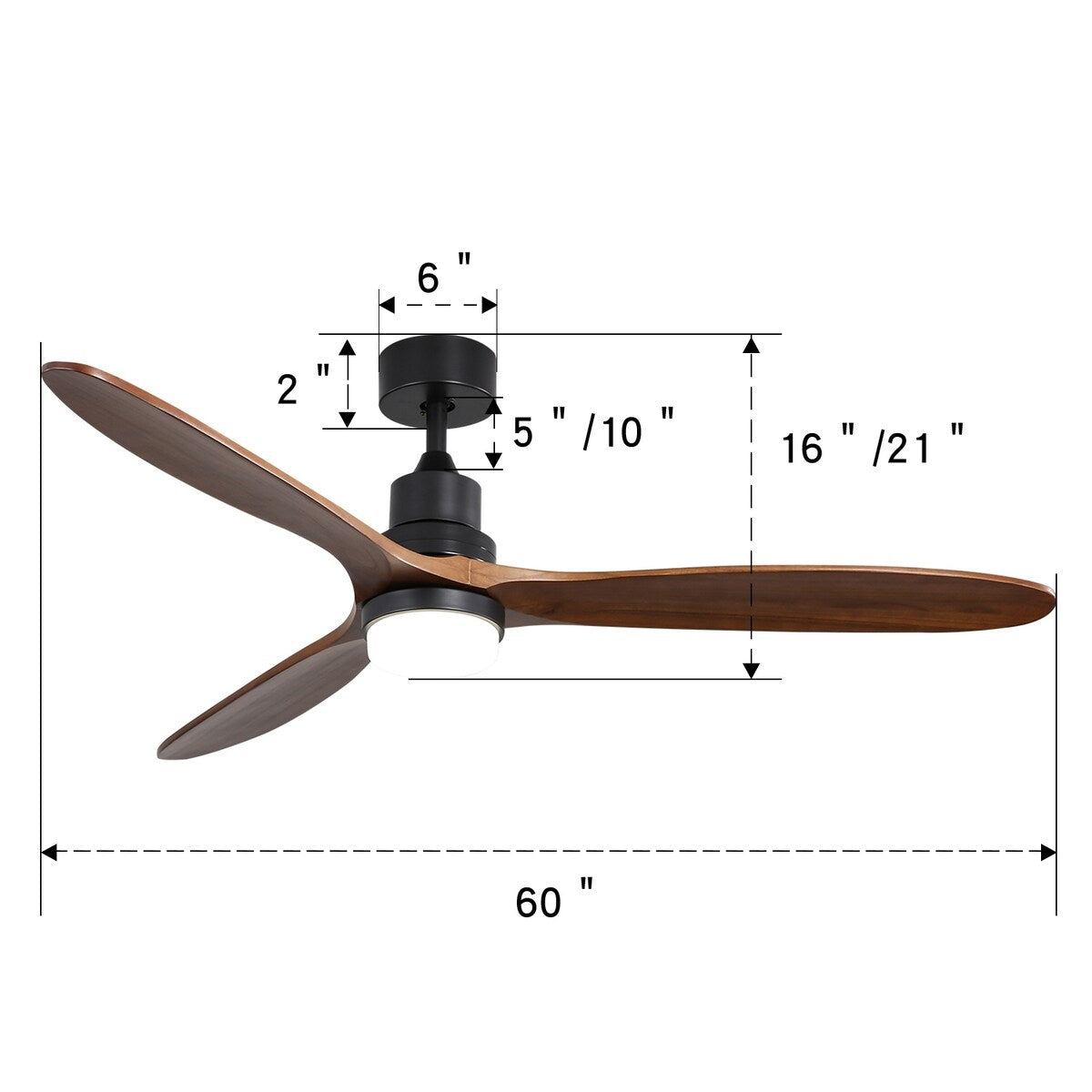 60" 3-Blade Walnut Wood Ceiling Fan with Light Remote Control