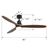 60" 3-Blade Walnut Wood Ceiling Fan with Light Remote Control