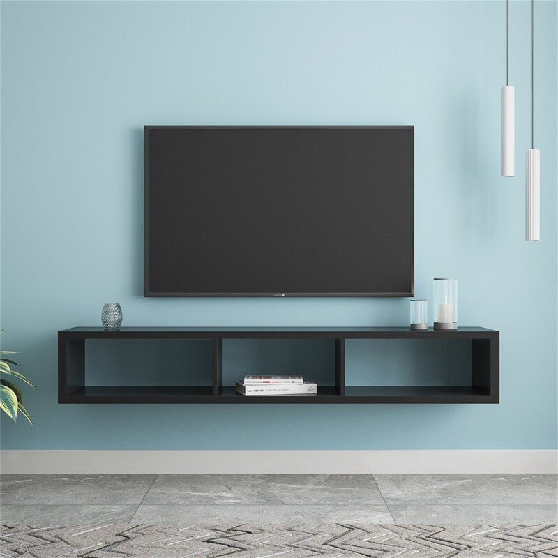 60"Black Floating TV Console, TV Stands with Shelves