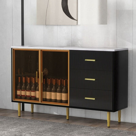 60"W Black Modern Sideboard Buffet Cabinet Marble Sticker Tabletop and Amber-yellow Tempered Glass Doors
