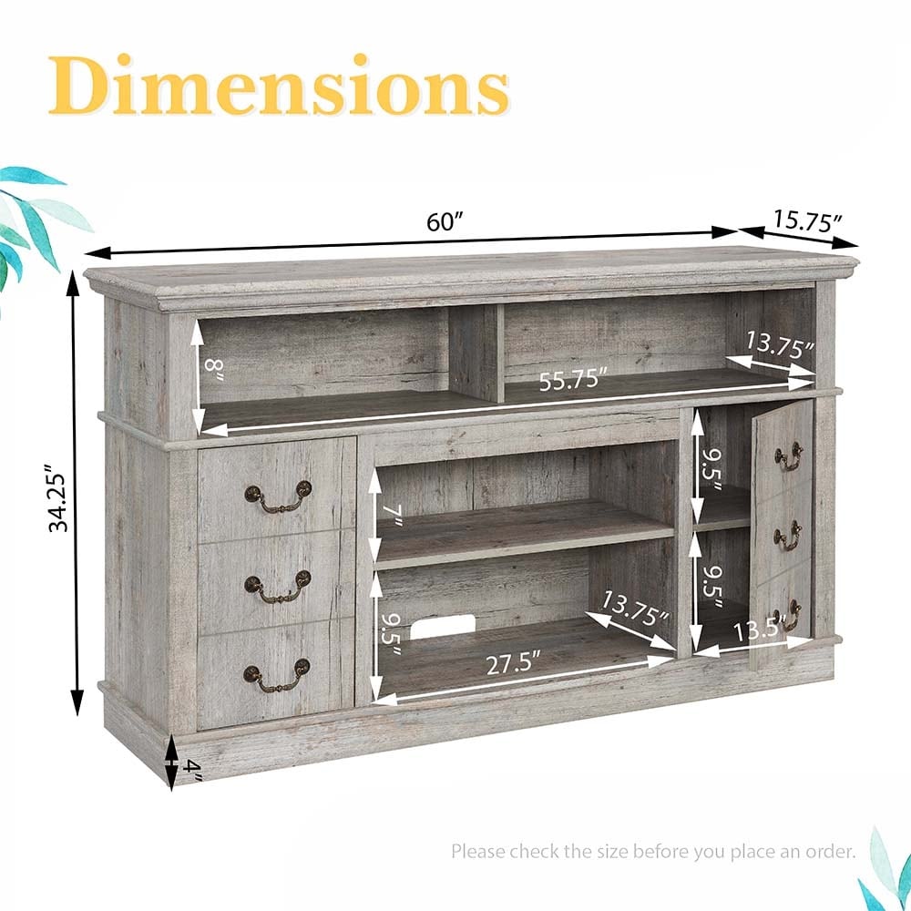 60"W Retro TV Stand Entertainment Center, 2 Cabinets&Open Shelves - 60"W*15.75"D*34.25"H
