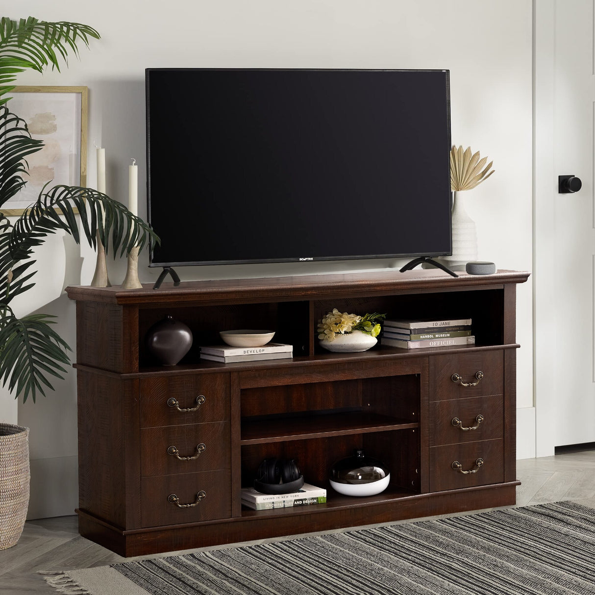 60"W Retro TV Stand Entertainment Center, 2 Cabinets&Open Shelves - 60"W*15.75"D*34.25"H