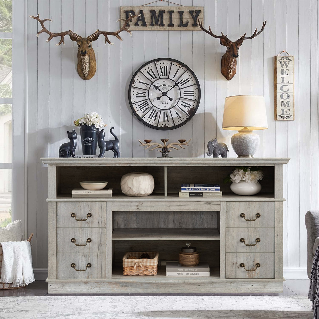 60"W Retro TV Stand Entertainment Center, 2 Cabinets&Open Shelves - 60"W*15.75"D*34.25"H