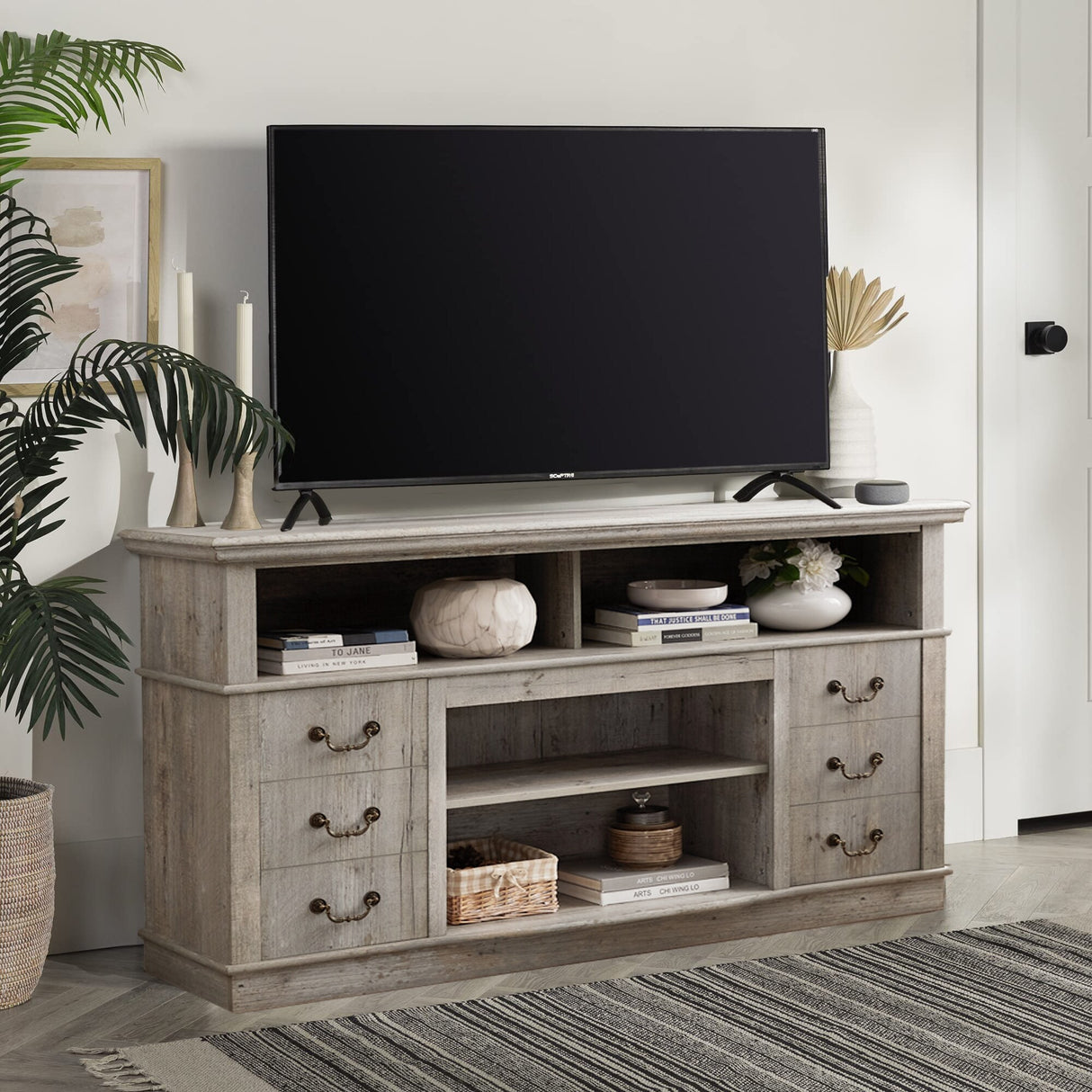 60"W Retro TV Stand Entertainment Center, 2 Cabinets&Open Shelves - 60"W*15.75"D*34.25"H