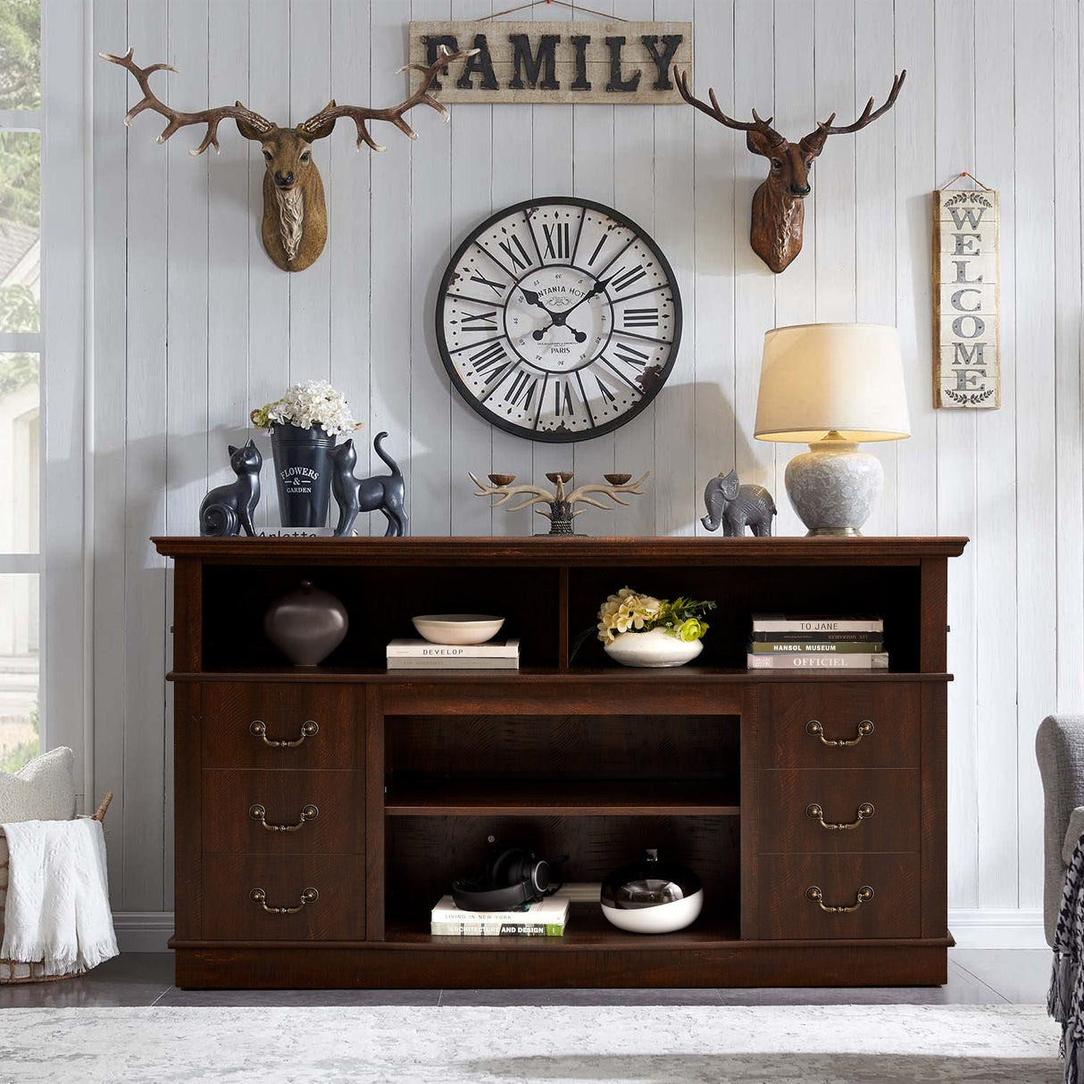 60"W Retro TV Stand Entertainment Center, 2 Cabinets&Open Shelves - 60"W*15.75"D*34.25"H