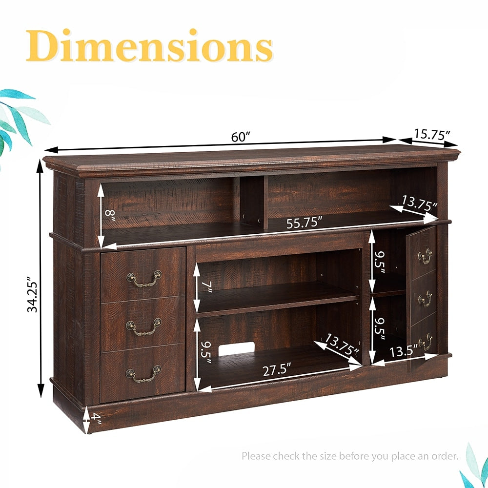 60"W Retro TV Stand Entertainment Center, 2 Cabinets&Open Shelves - 60"W*15.75"D*34.25"H