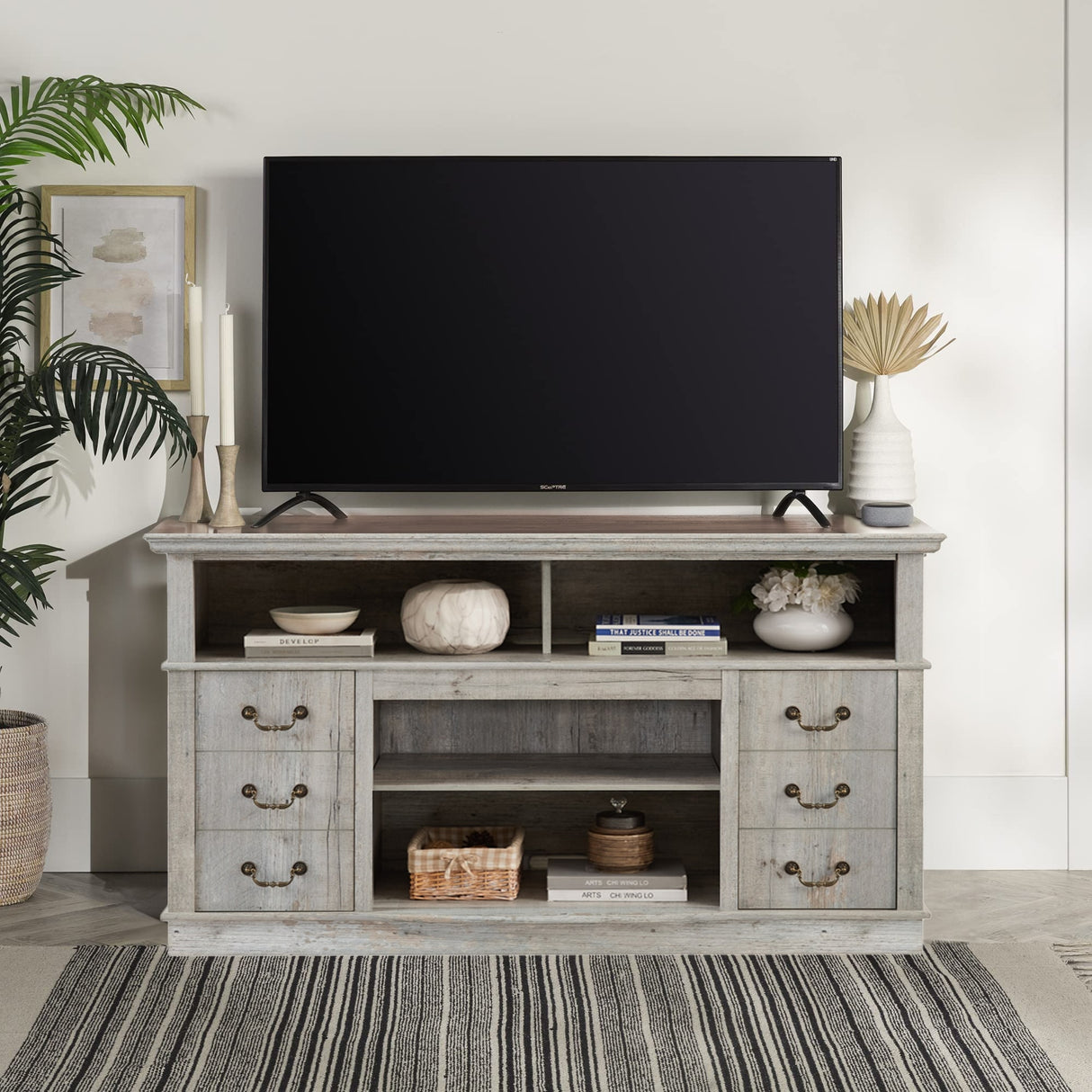 60"W Retro TV Stand Entertainment Center, 2 Cabinets&Open Shelves - 60"W*15.75"D*34.25"H