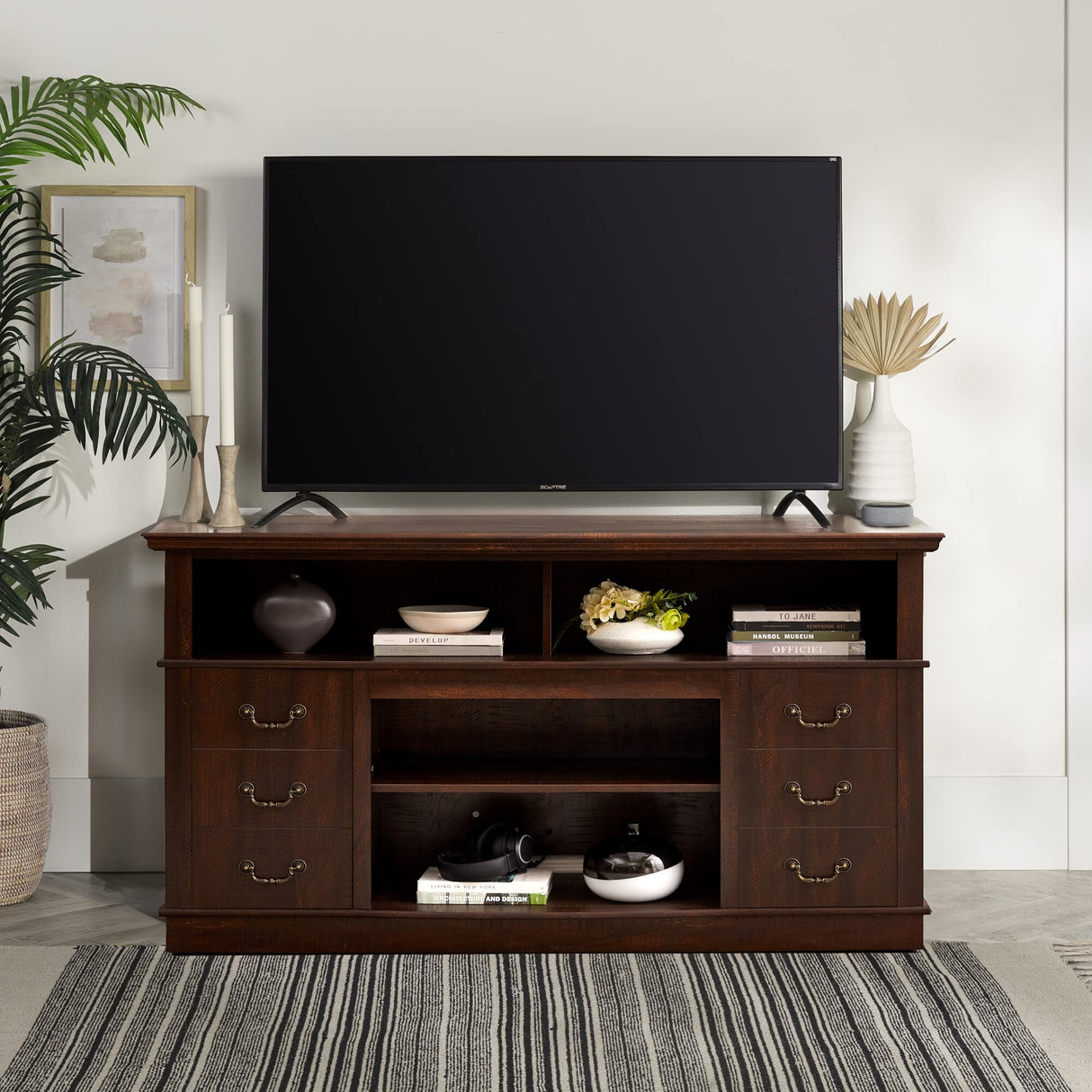 60"W Retro TV Stand Entertainment Center, 2 Cabinets&Open Shelves - 60"W*15.75"D*34.25"H