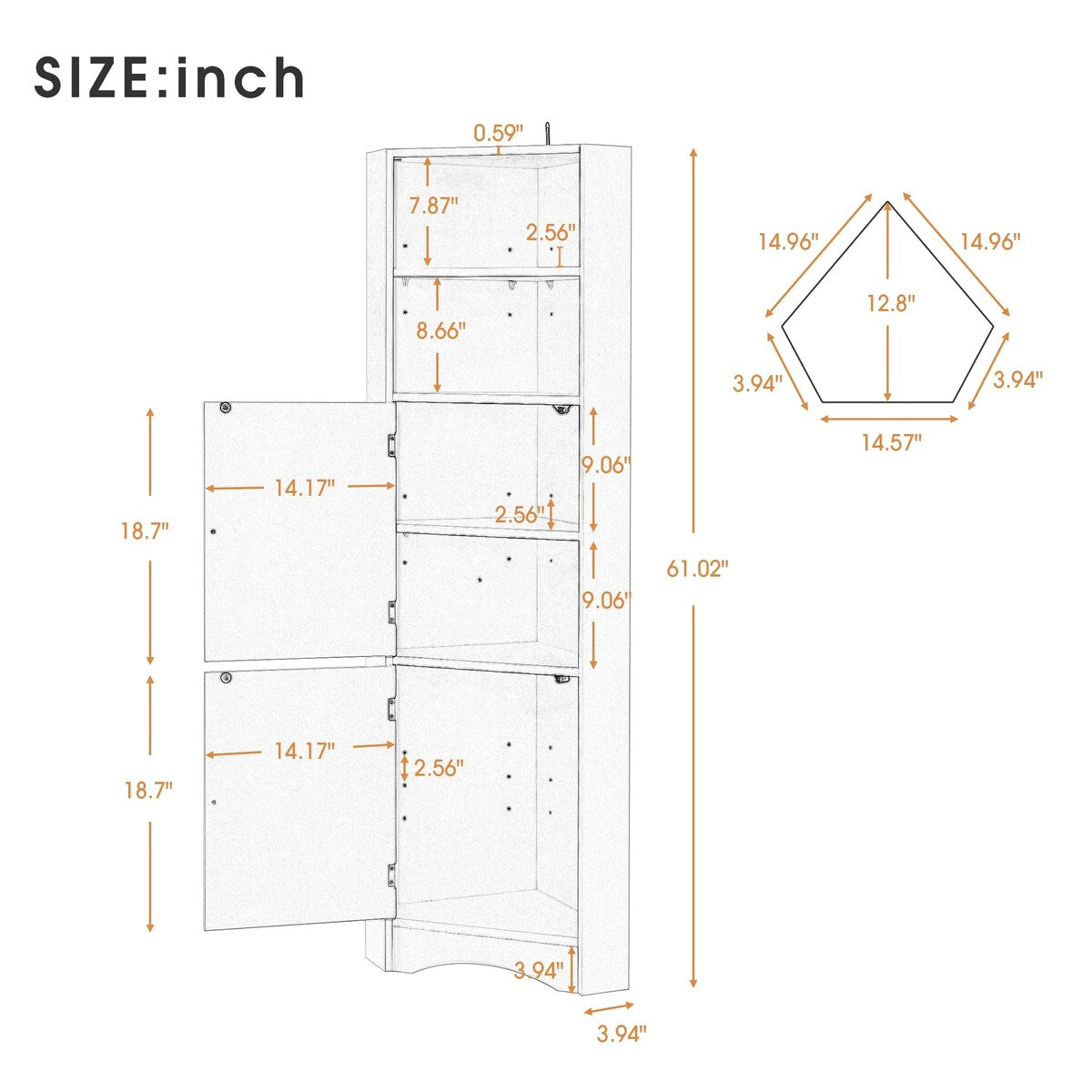 61" Wood 2-door Bathroom Corner Cabinet with Exterior Shelves