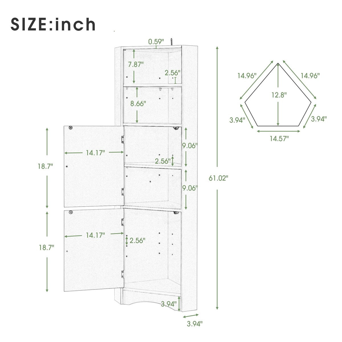 61" Wood 2-door Bathroom Corner Cabinet with Exterior Shelves
