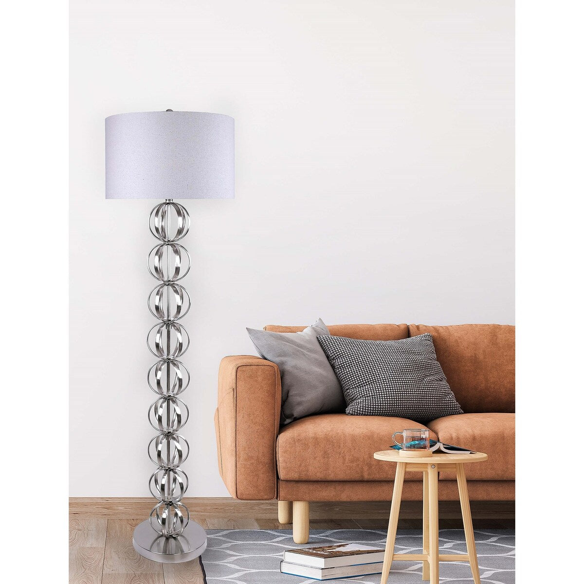 62" Metal Floor Lamp w/ Stacked, Open-Wire Orbs & Linen Shade