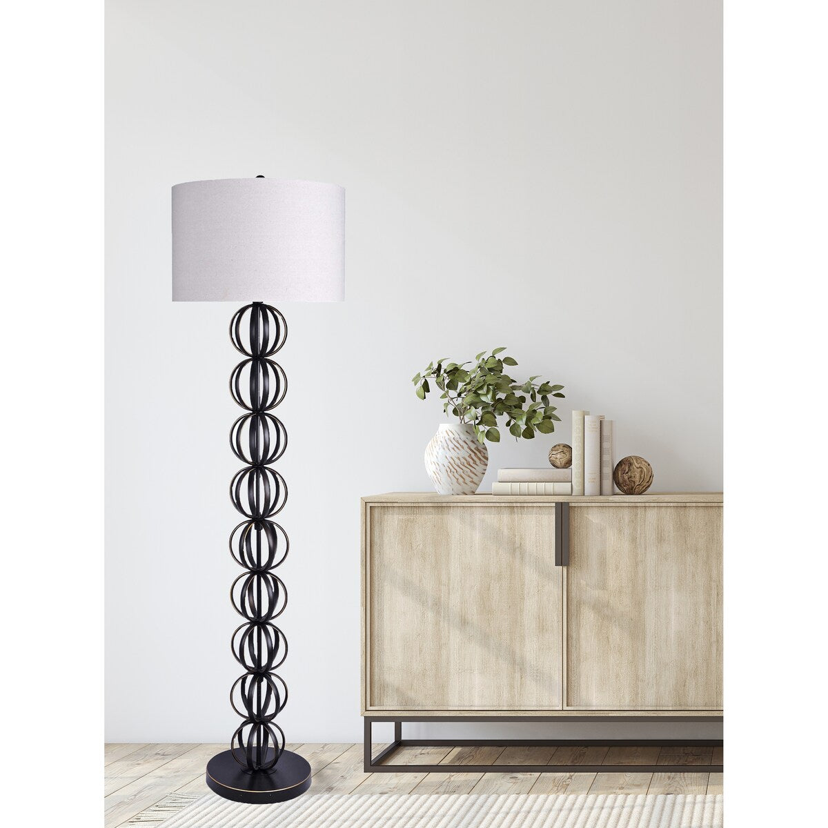 62" Metal Floor Lamp w/ Stacked, Open-Wire Orbs & Linen Shade