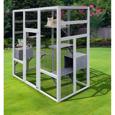 62" Outdoor Wooden Cat House Large Catio, Solid Wood Cat Cage Shelter Enclosure Playpen