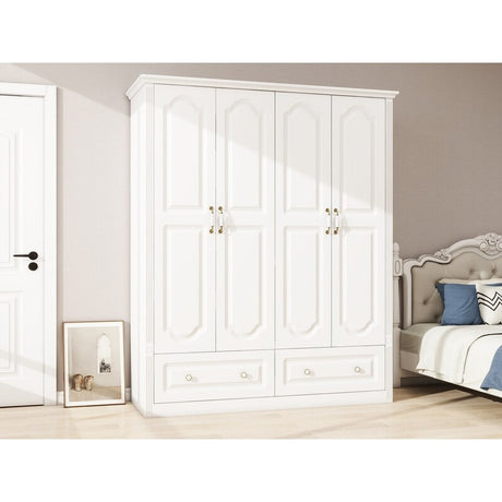 62"W White Wardrobe with drawers and 4 doors,Closet Wardrobe,Armoire with Drawer for Bedroom