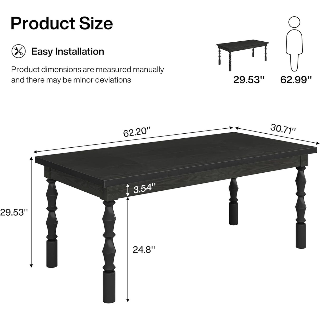 62" Wood Farmhouse Dining Table for 4-6 People, Large Rectangle Kitchen Table